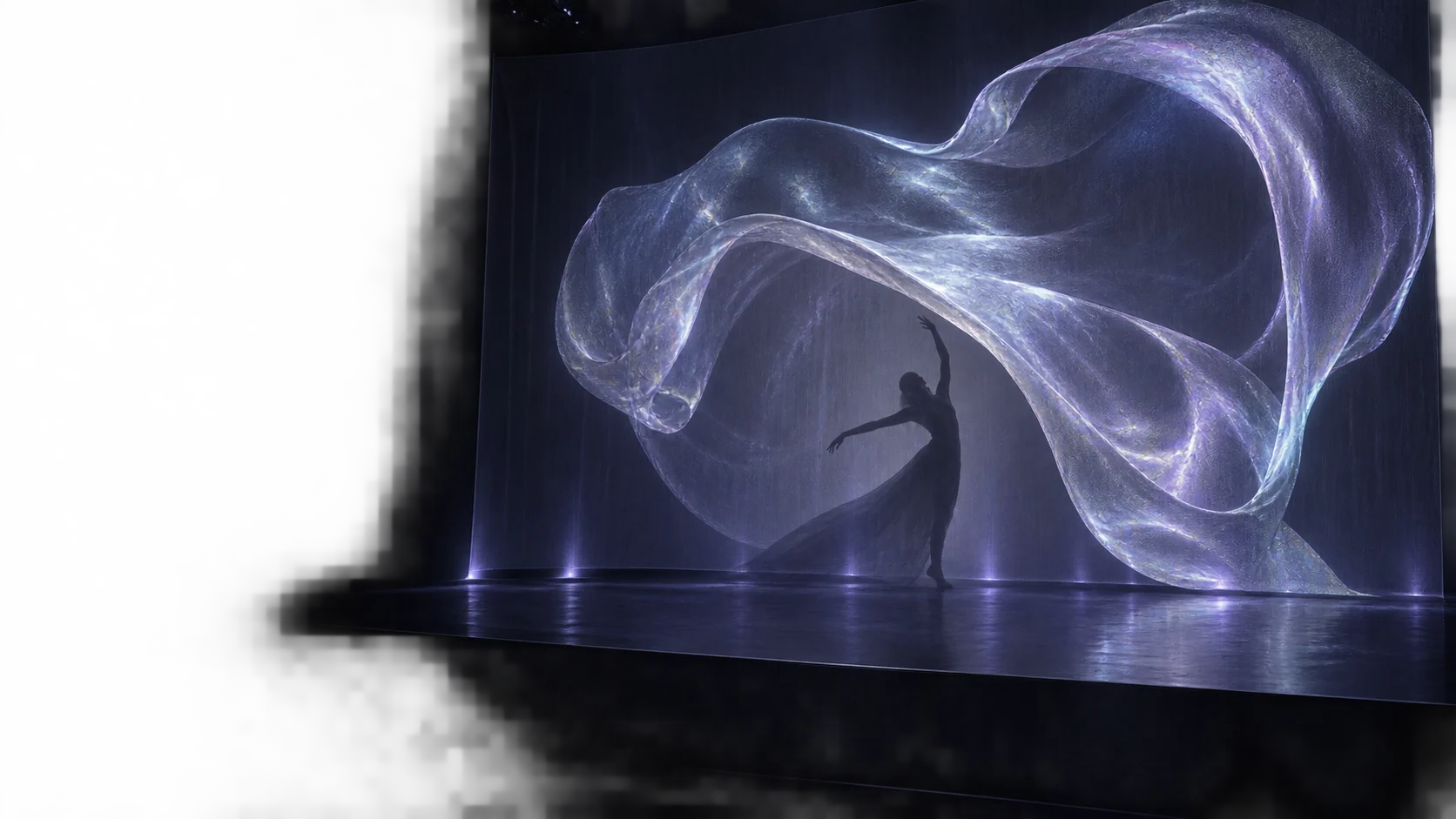 Illustrative transparent-stage projection surrounding a performer