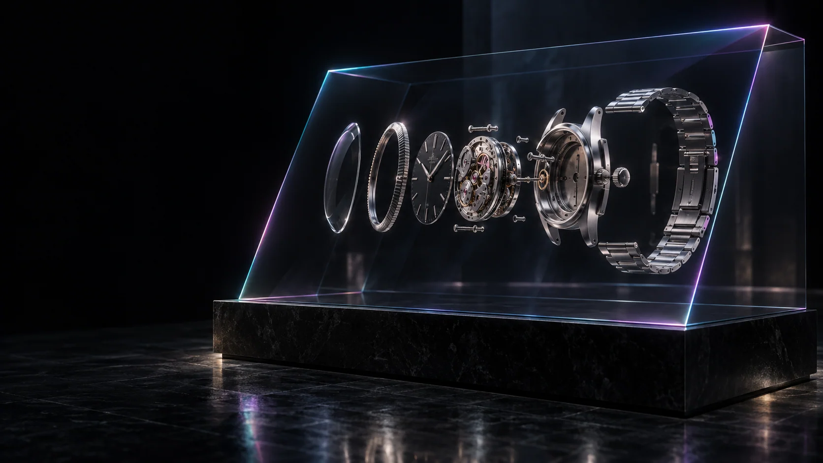Illustrative dimensional watch display with iridescent glass