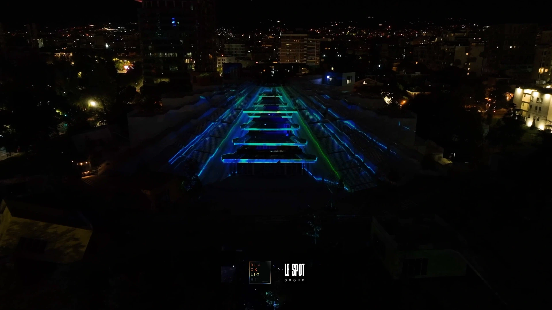 Tirana Pyramid — TUMO inauguration — City-context aerial projection
