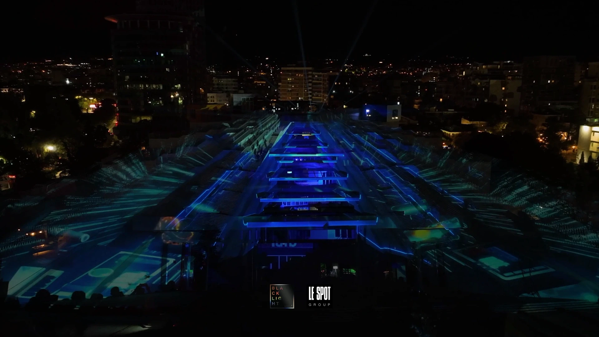 Tirana Pyramid — TUMO inauguration — Illuminated stepped architecture aerial