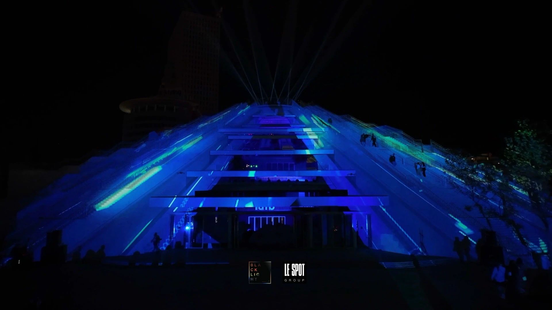 Tirana Pyramid — TUMO inauguration — Blue mapping and synchronized beams