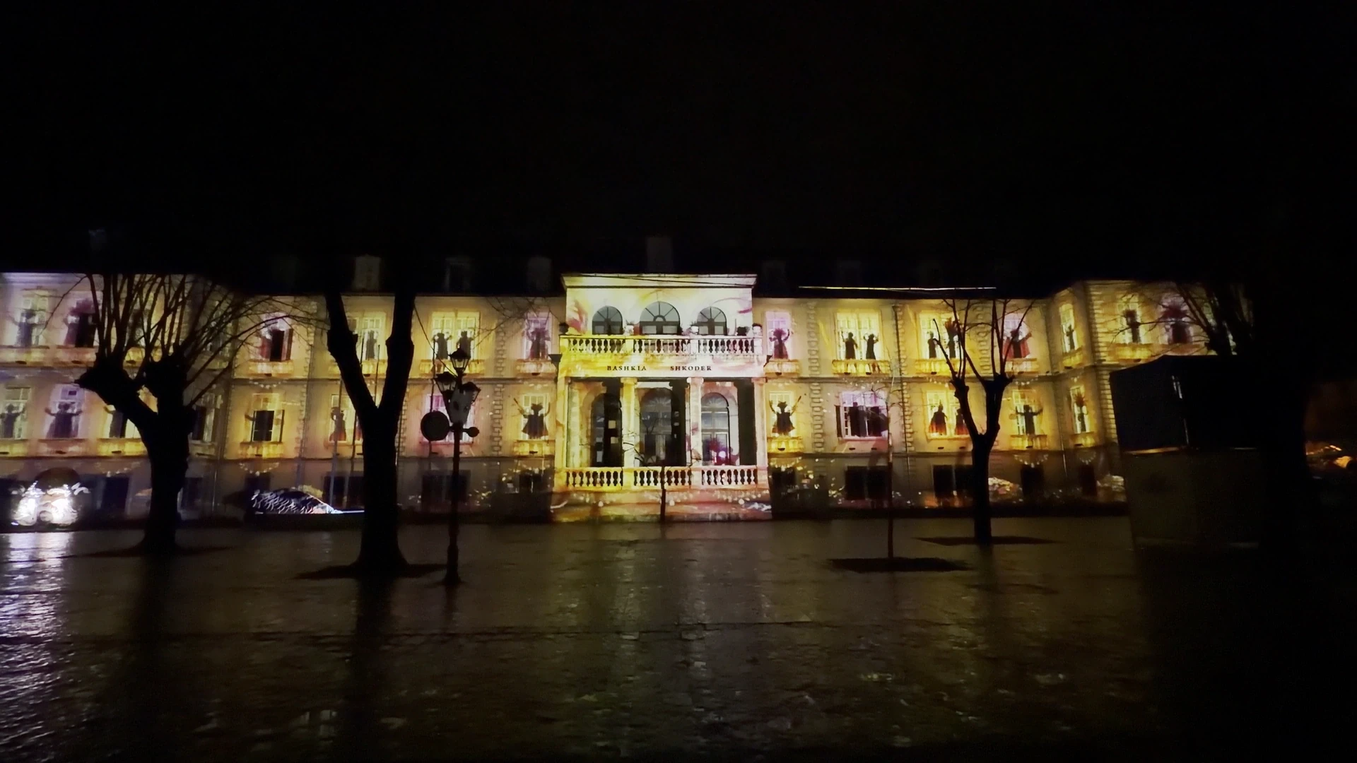 Shkodër Carnival 2026 — Municipality façade — Illuminated golden theatrical architecture